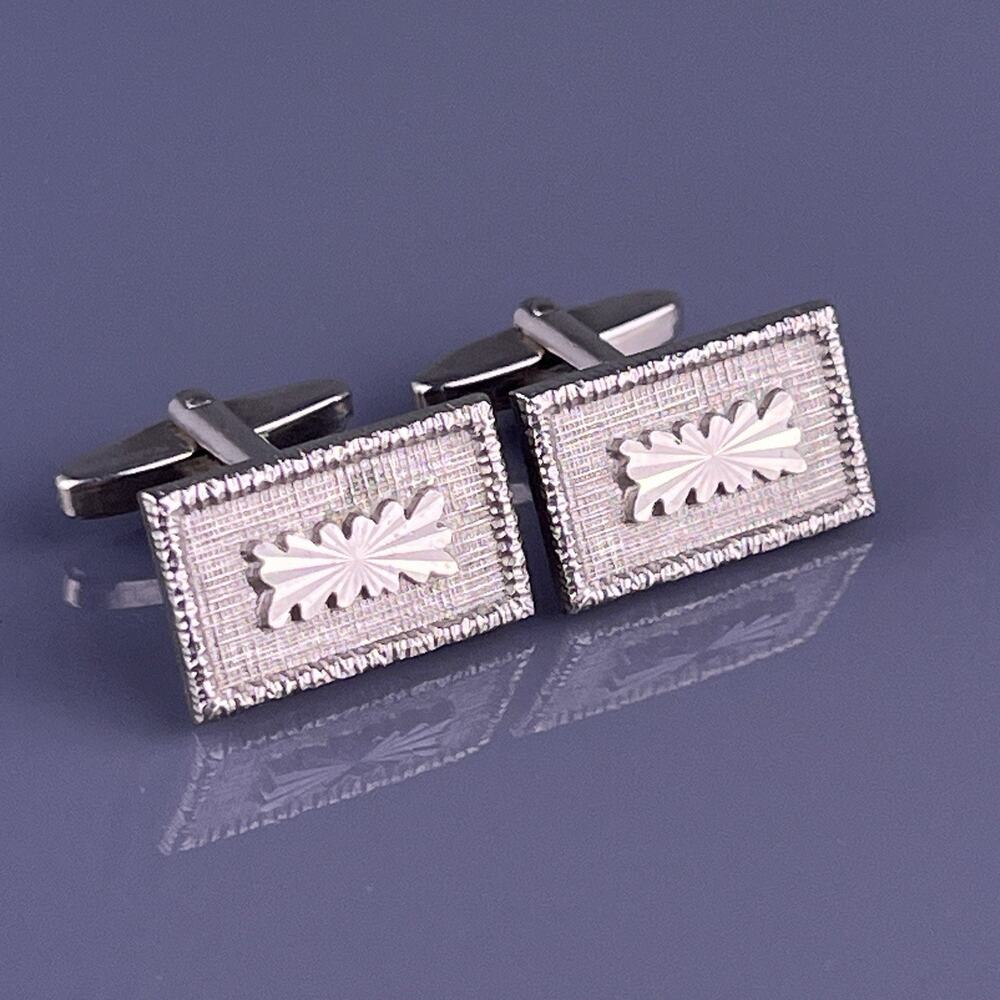 Atomic Starburst Carved Cufflinks Silver Tone Rectangle Wire Brushed Vintage